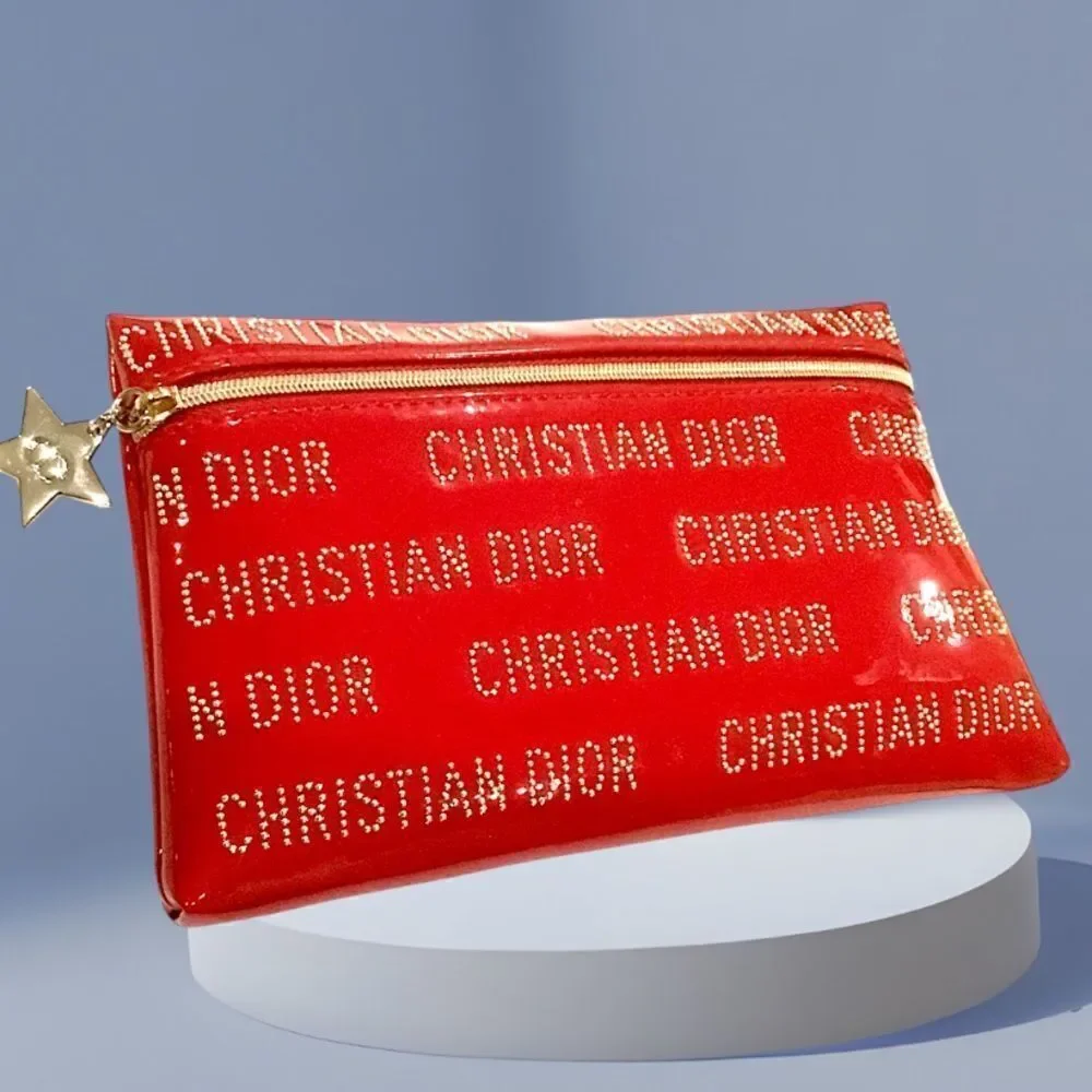 CHRISTIAN DIOR RED PATENT LEATHER CLUTCH WITH RHINESTONES SILVER STAR CH…